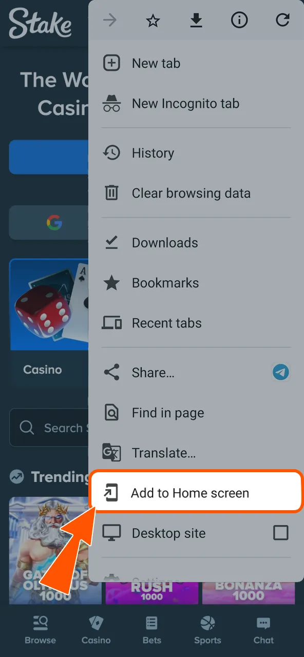 Use browser menu to install Stake app icon on device.