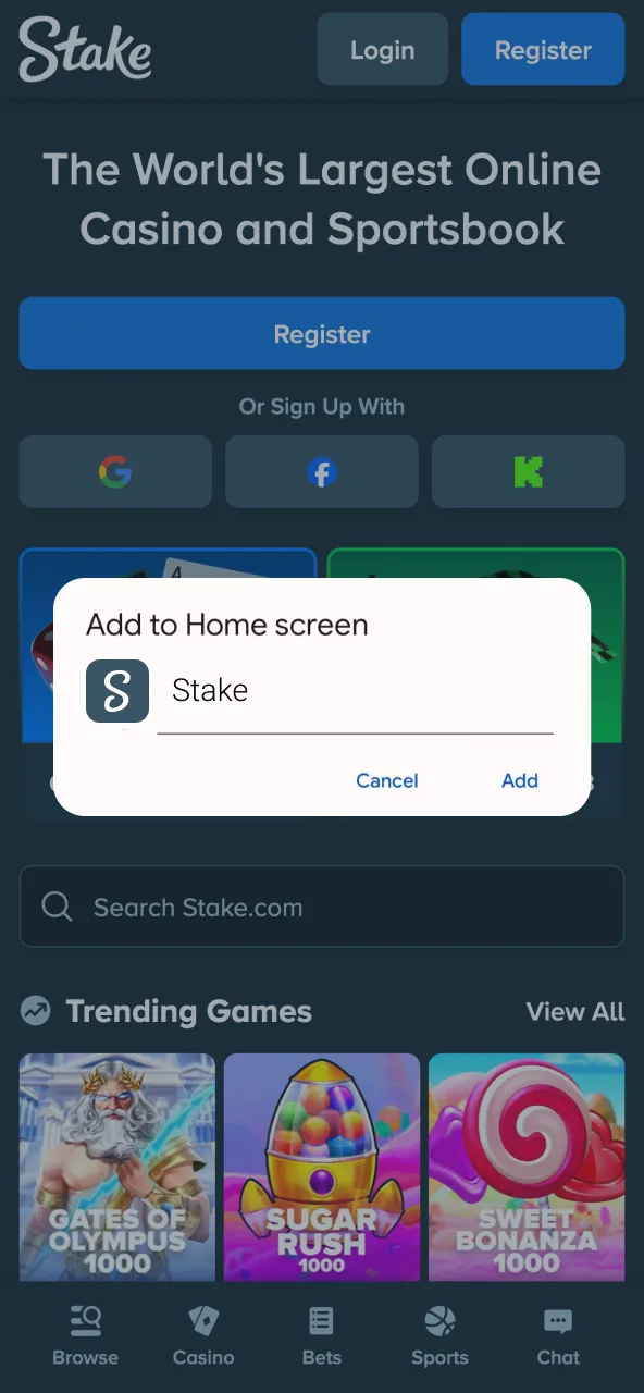 Confirm browser prompt to install Stake app shortcut.