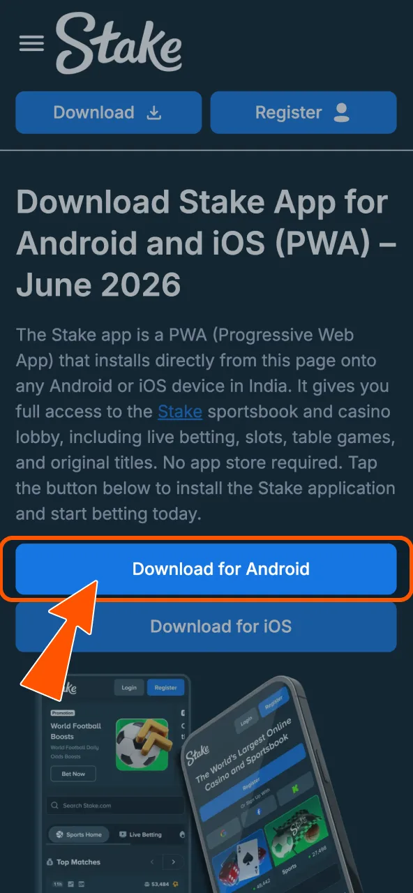Tap to get Stake APK and create account instantly.