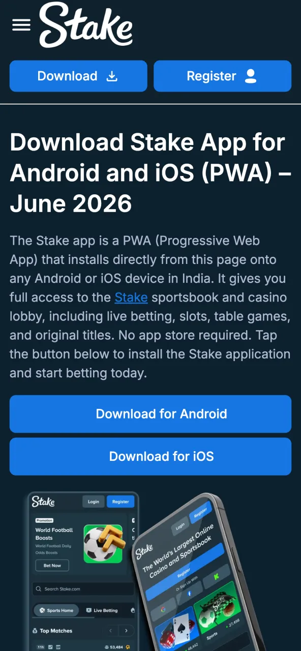 Use Chrome to reach Stake mobile site on Android.