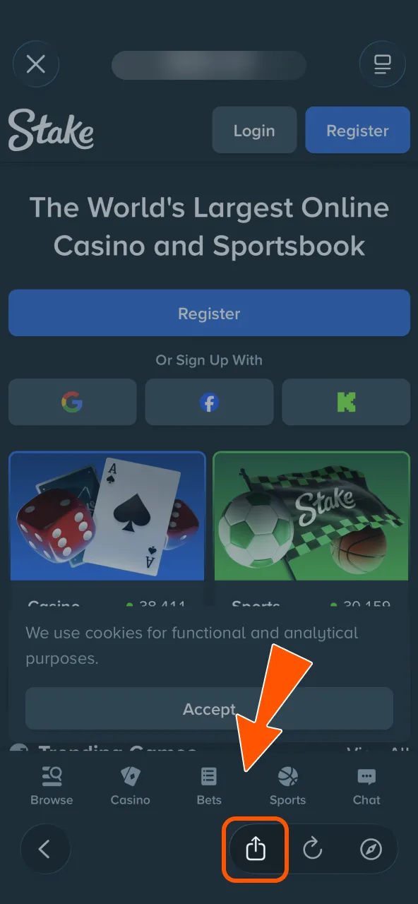 Open Safari share option to place Stake app icon.