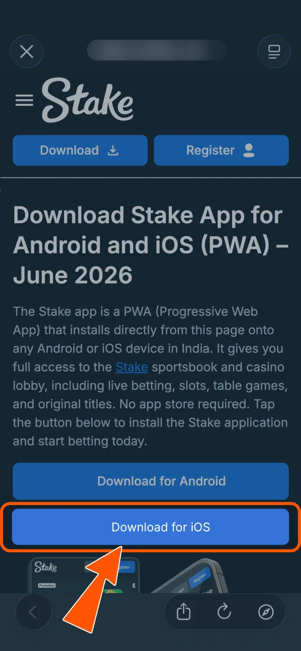 Tap iOS button in Safari to install Stake app.