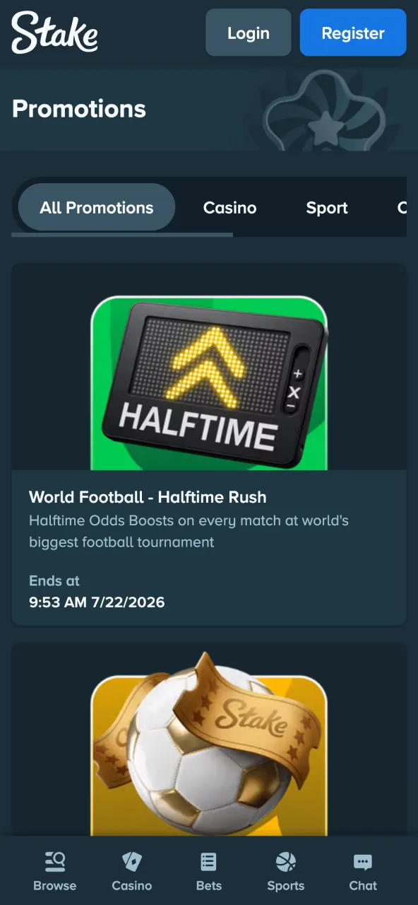 Stake app bonuses and offers page.