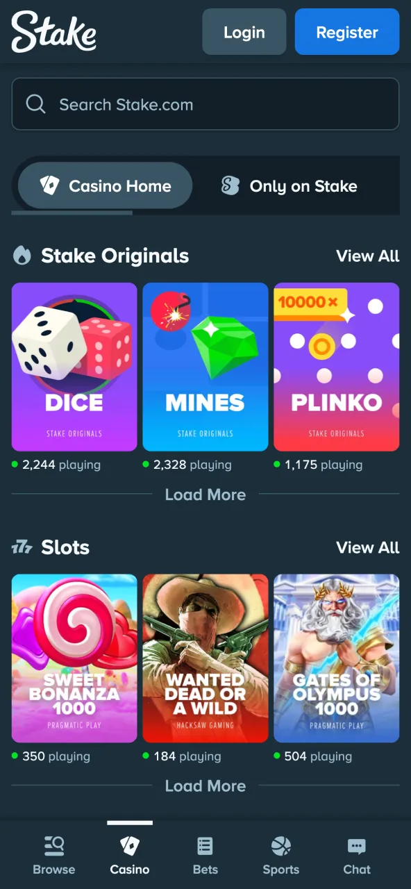 Stake app casino section navigation.