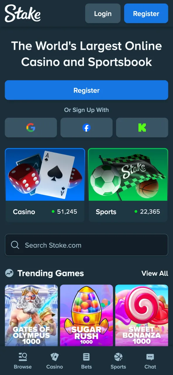 Main Stake homepage app layout.
