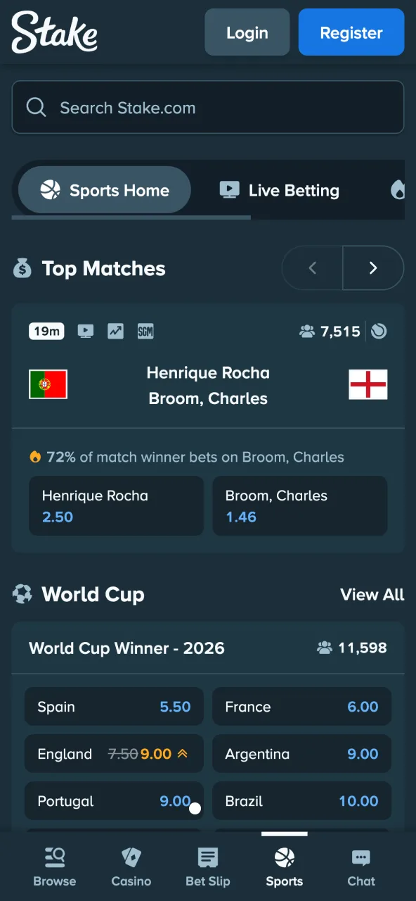 Sports events menu on Stake app.
