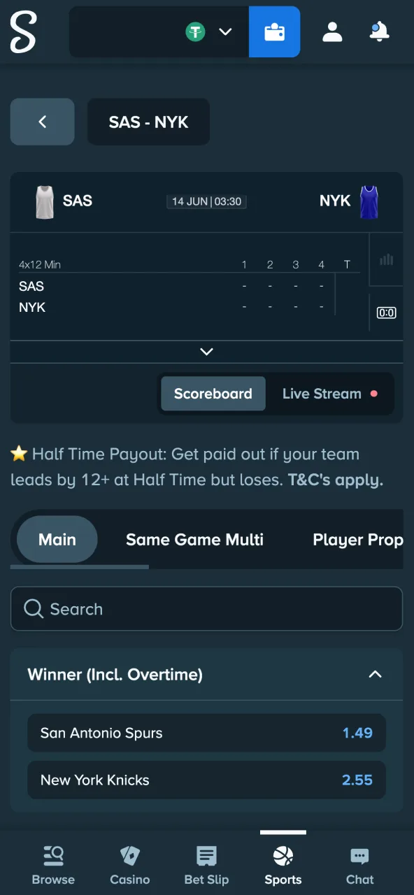 Choose Stake league or tournament and select your match.
