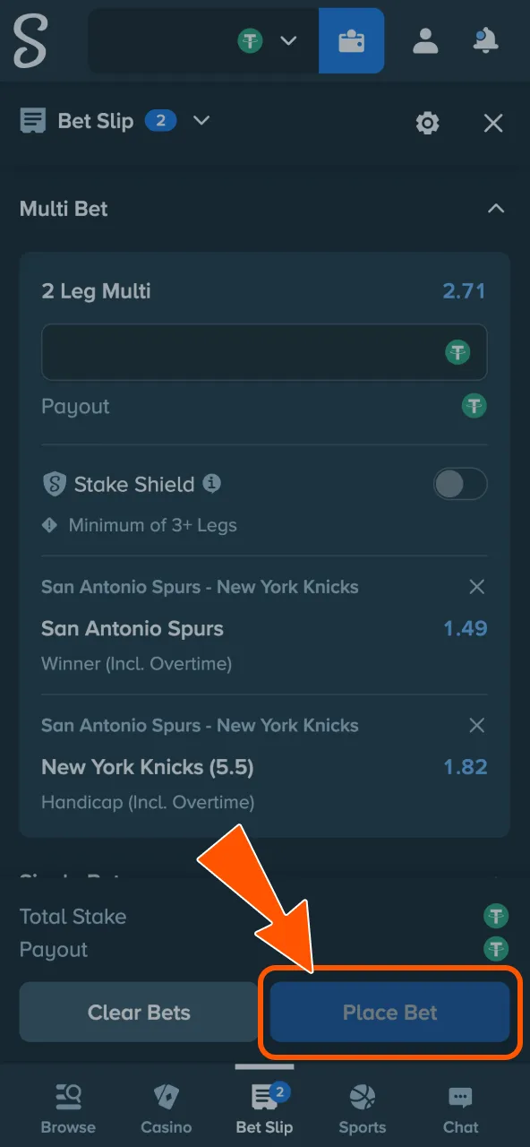 Place Bet on Stake to submit your wager.