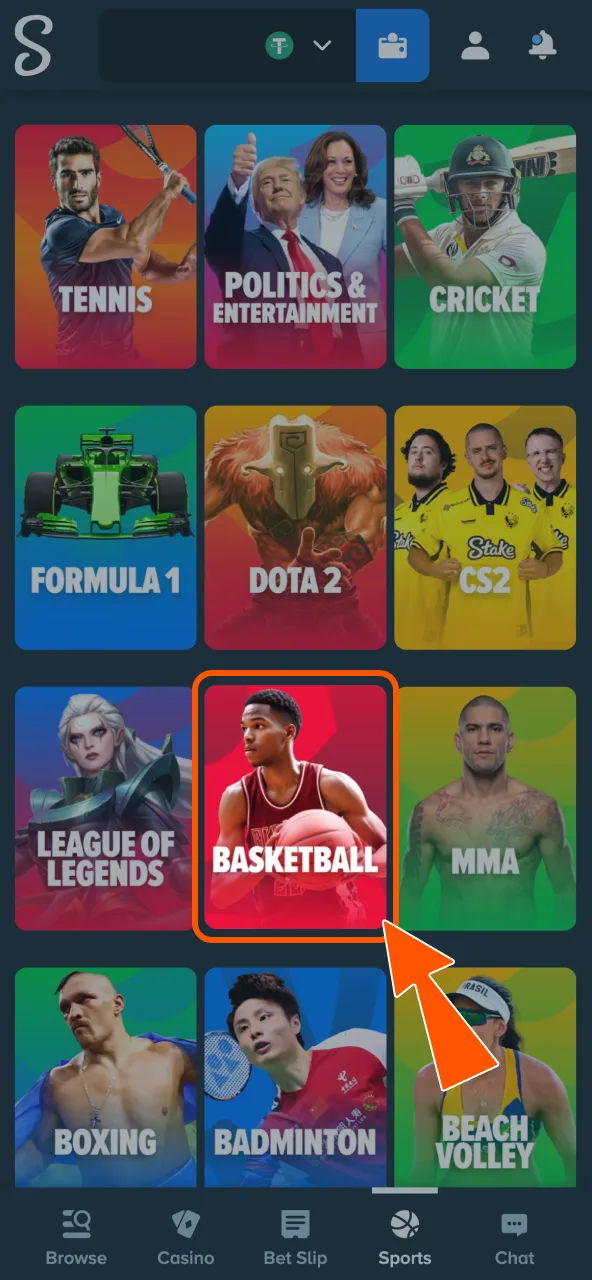Open Stake sports menu and pick basketball.