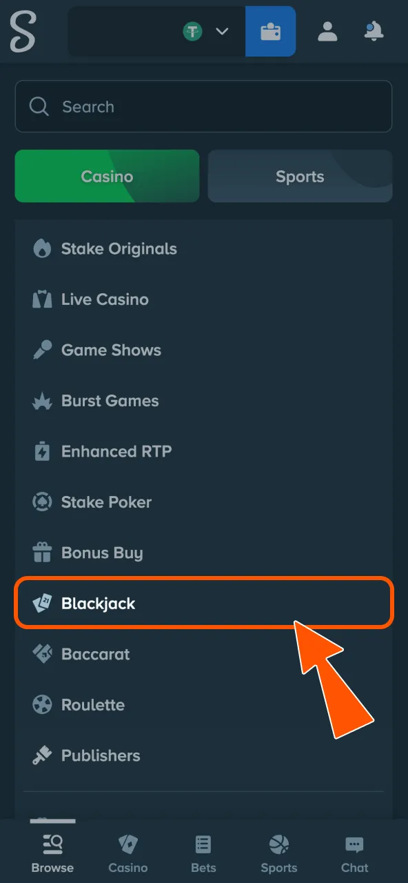 Choose Blackjack in Stake casino to view all tables.
