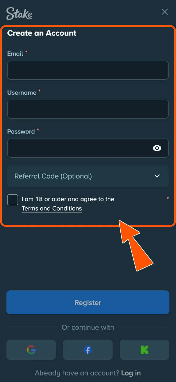 Sign up on Stake in minutes using email verification.