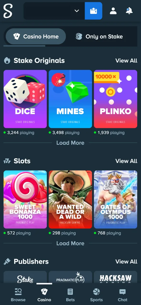 Choose Stake casino title set stake and play.