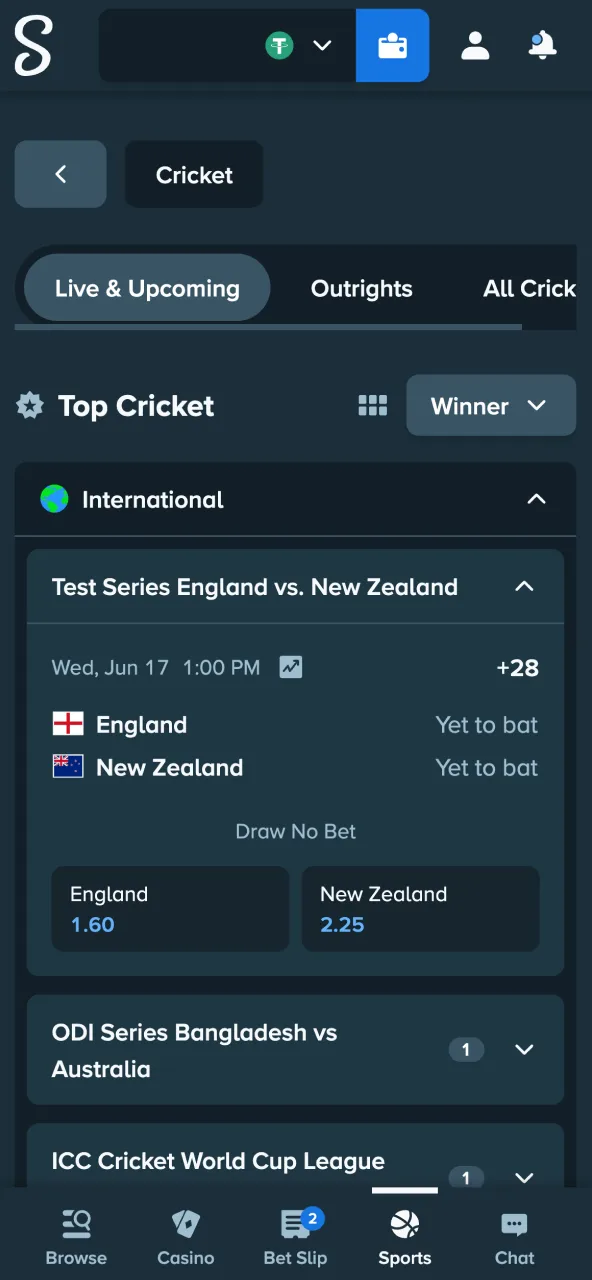 Stake sports betting browse IPL World Cup or Ashes.