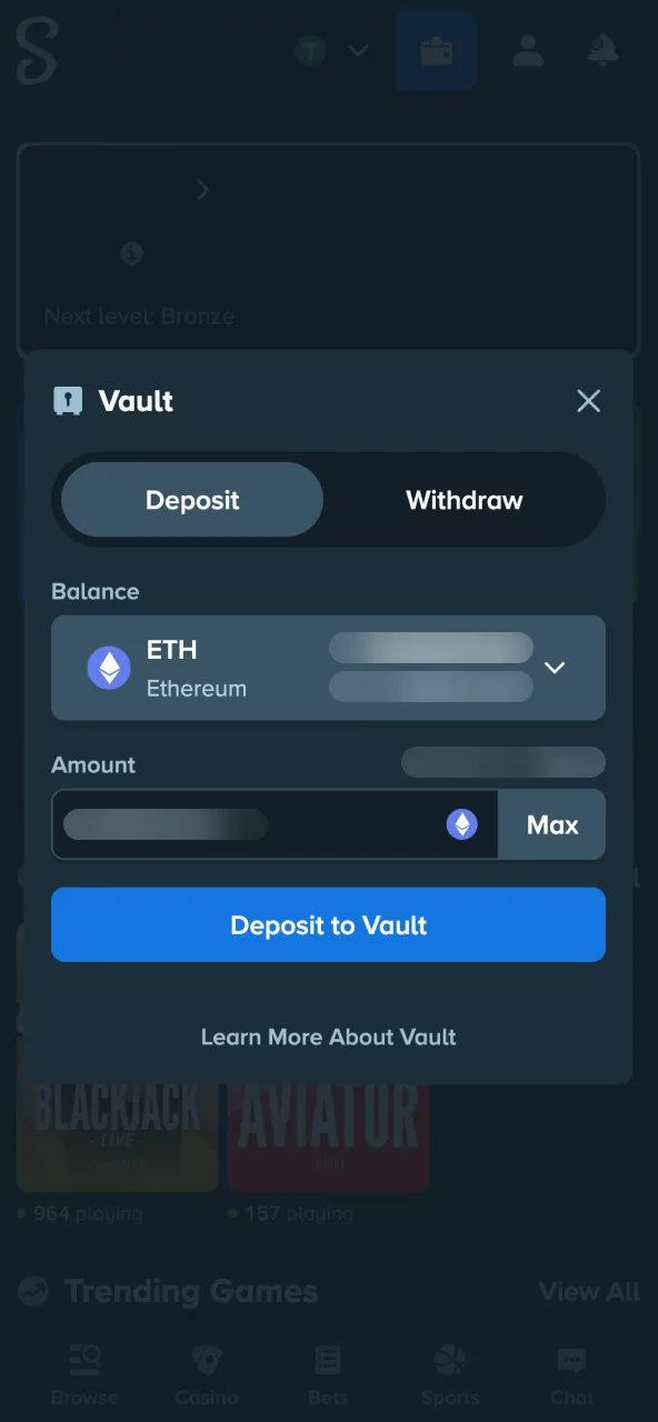 Stake cashier supports Bitcoin, Ethereum and fiat deposits.