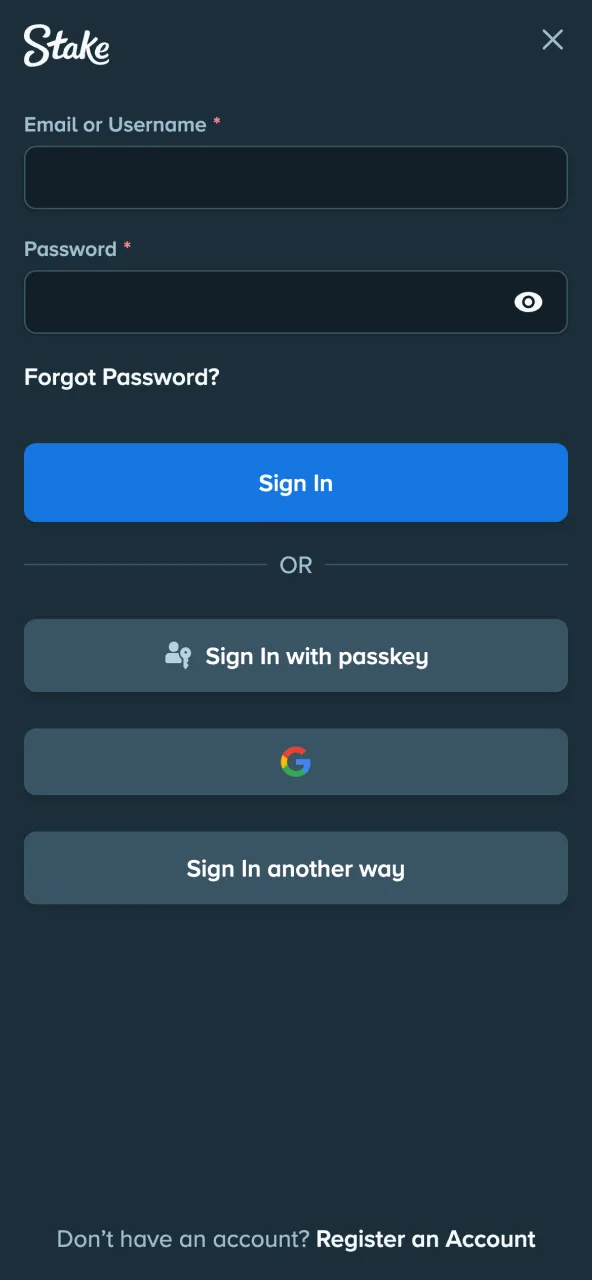 Log in to Stake with email and password.