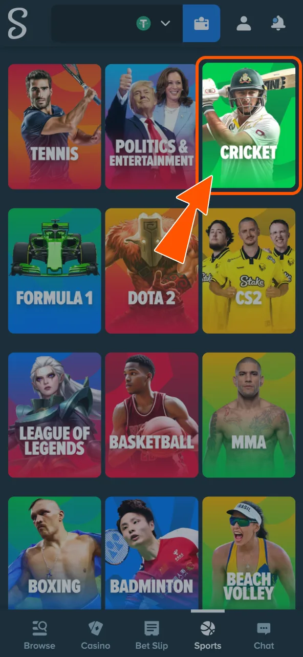 Select Cricket in Stake sports to view live games.