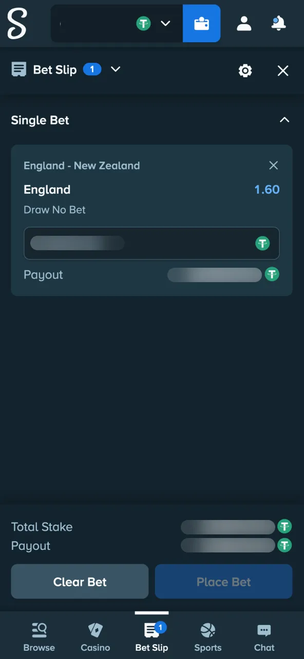Confirm Stake bet after choosing market and stake amount.