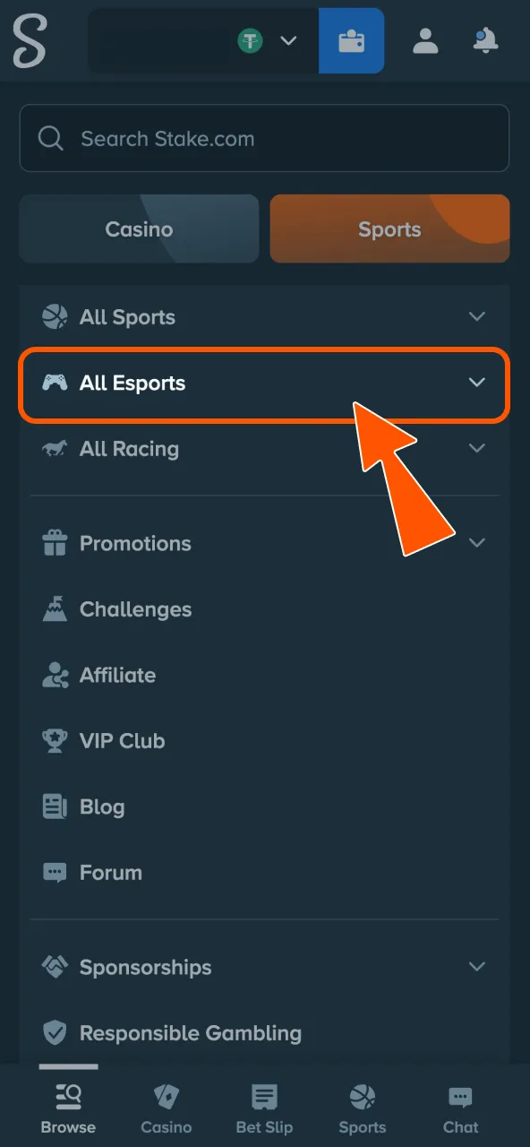 Stake main menu sports tab includes eSports.
