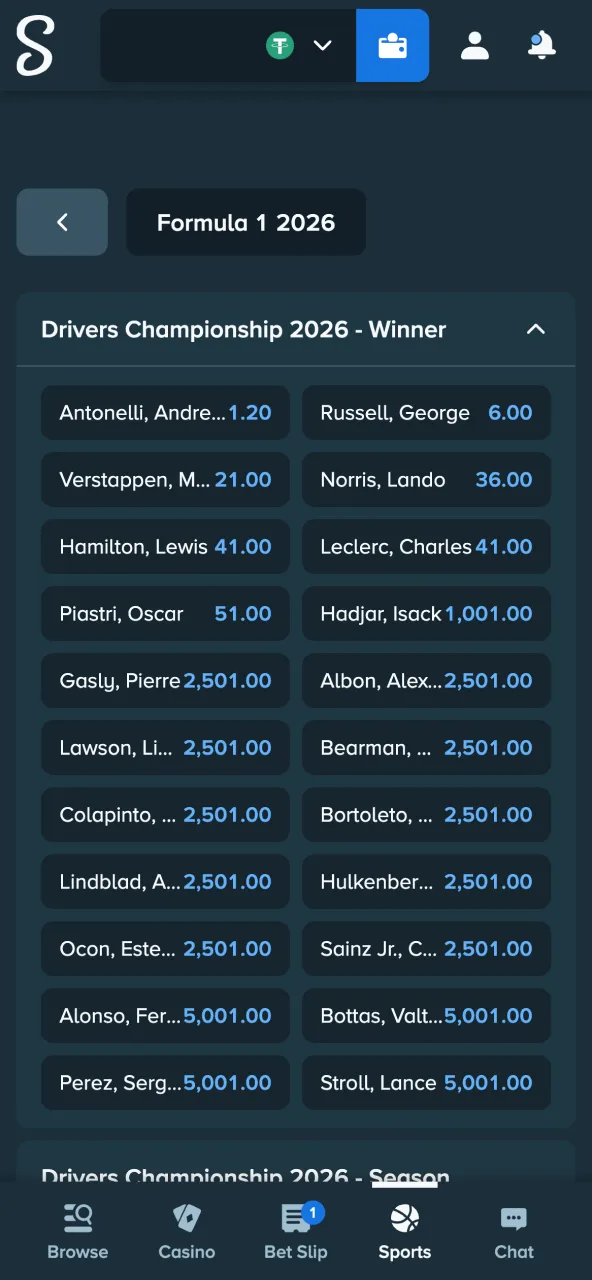 Choose Stake Formula 1 event and preferred market.