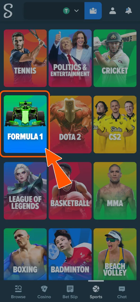 Select Formula 1 in Stake sportsbook to view races.
