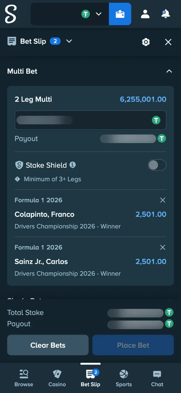 Stake platform bet slip shows payout before confirmation.