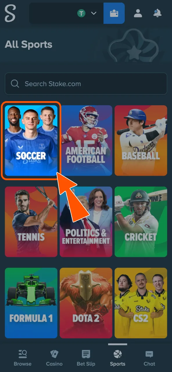 Select Football in Stake sportsbook to view tournaments.