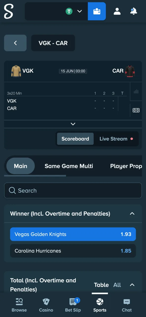 Add Stake hockey selection to slip by clicking odds.