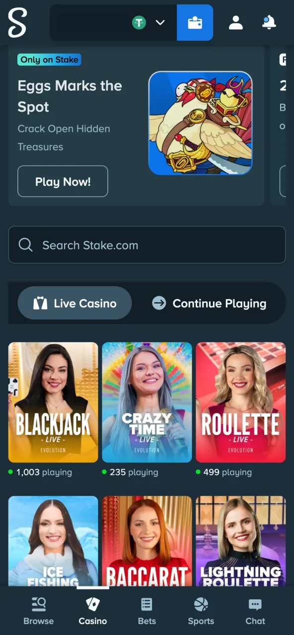 Access Stake Live Casino games via website or app.