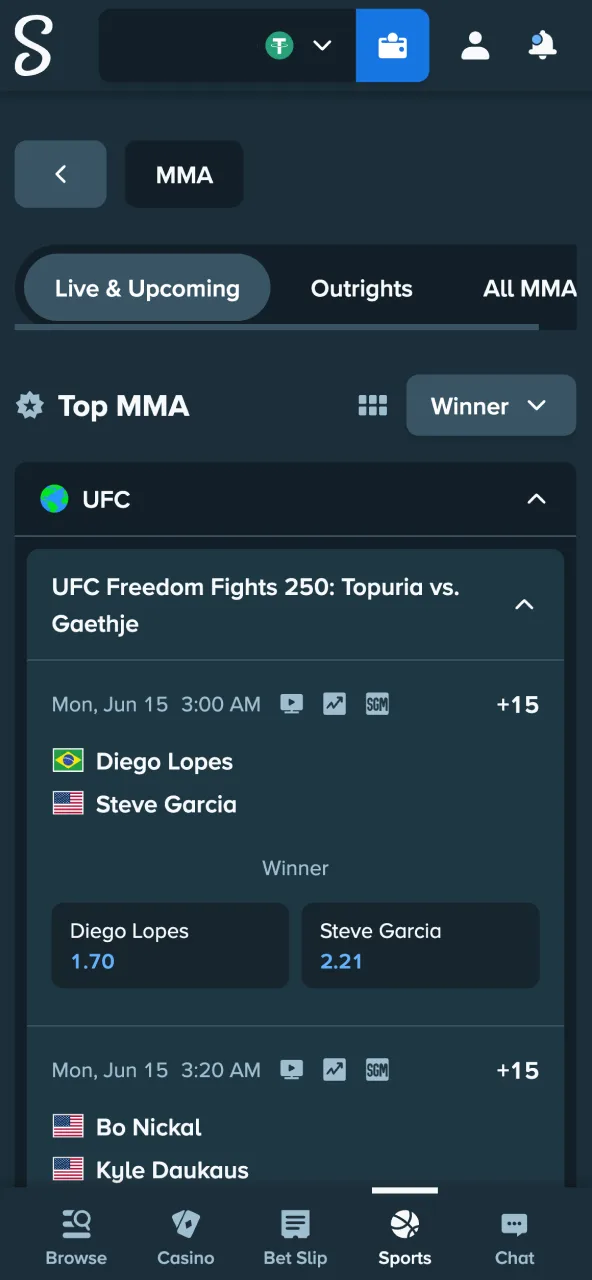 Browse Stake MMA events choose fight card.