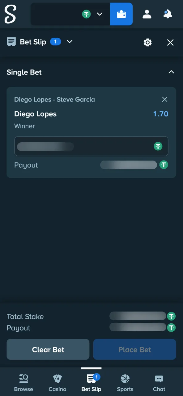 Place Stake bet by entering stake and confirming.
