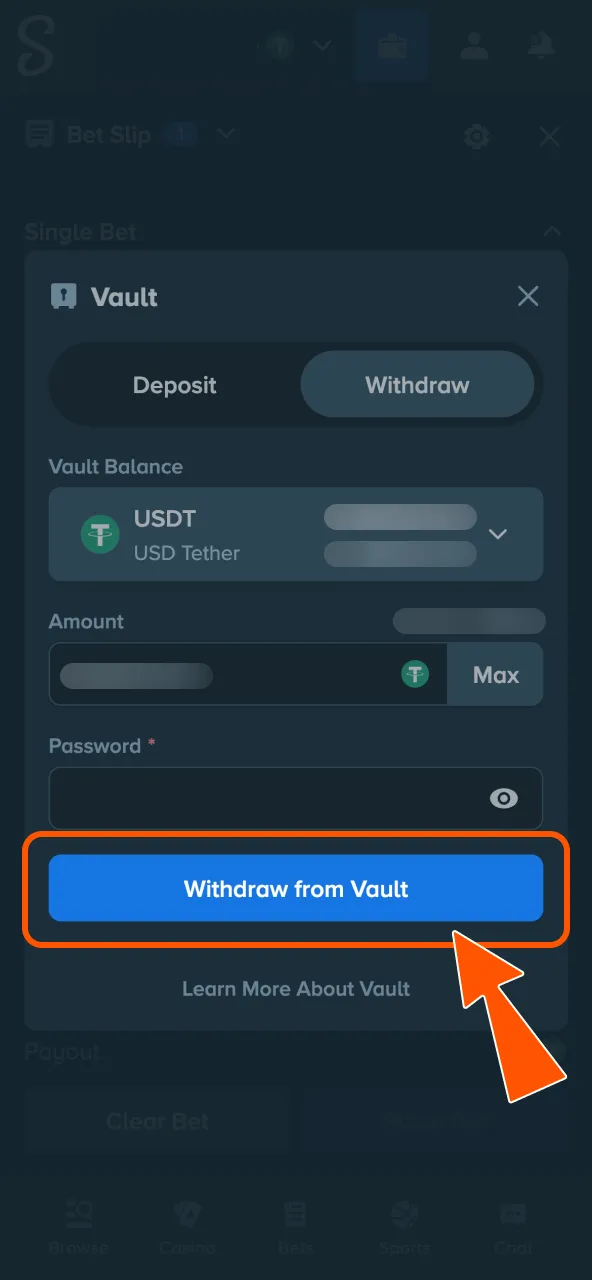 Stake cashier requires confirmation to withdraw funds.