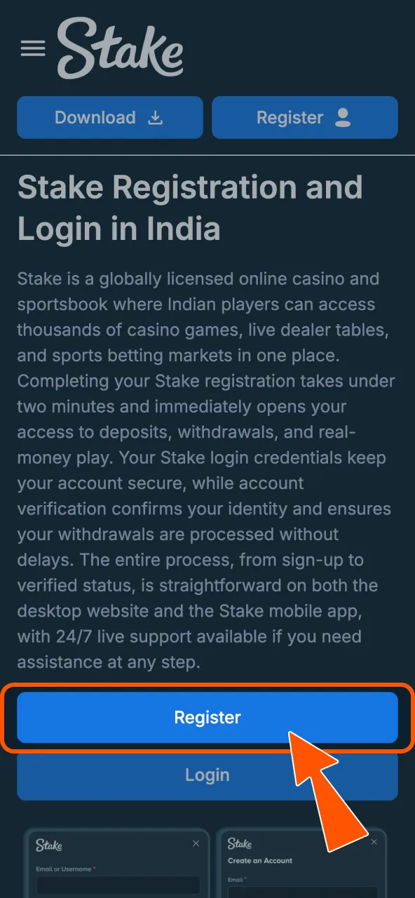 Begin Stake account creation by clicking Register.