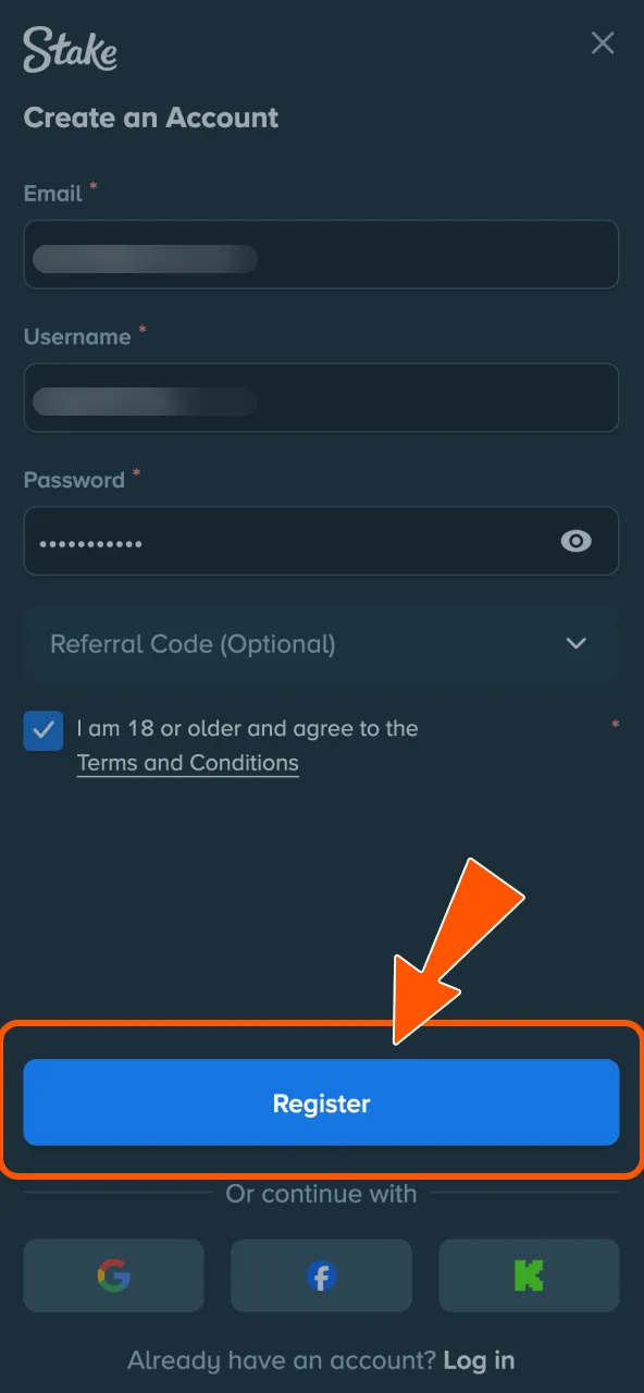 Confirm Stake sign up via Create Account option.