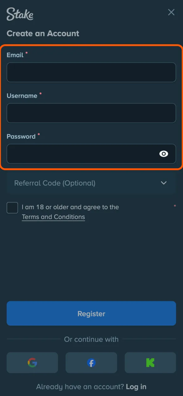 Create Stake account by entering personal credentials.