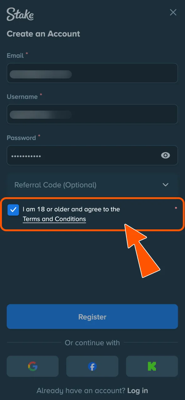Stake platform needs consent to terms and privacy.