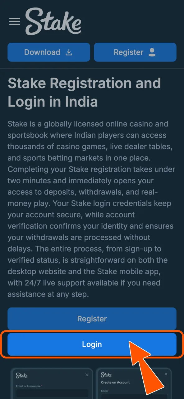 Open Stake sign in screen via Log In.