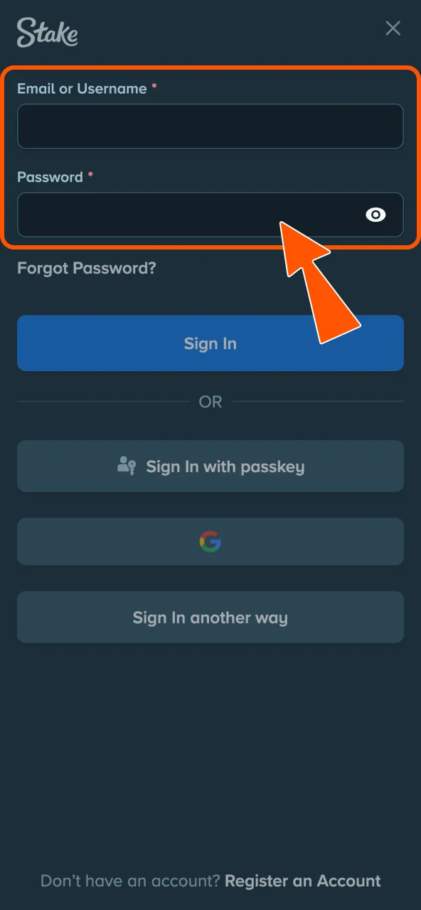 Stake platform requires email and password to log in.