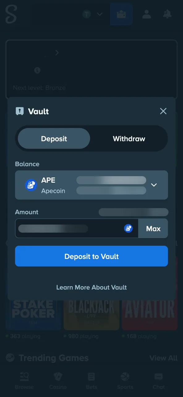 Add Stake balance through Wallet with preferred method.