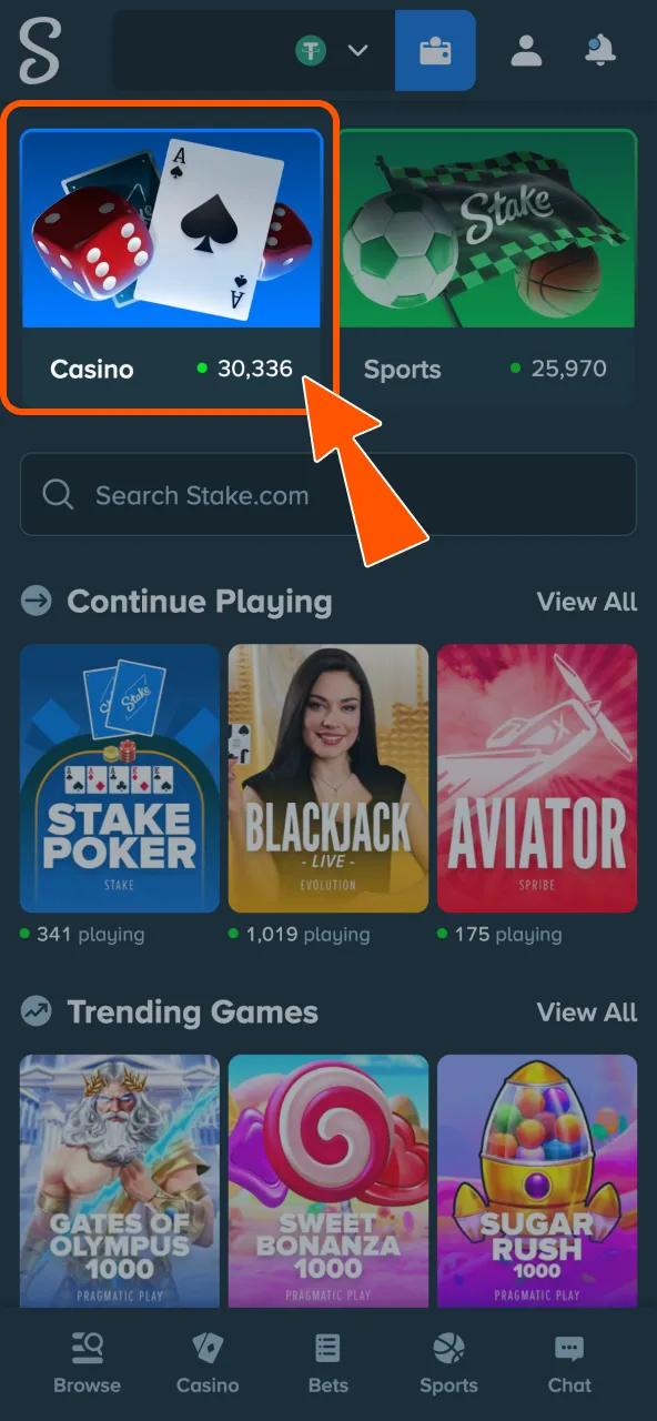 Enter Stake Casino lobby to browse all games.