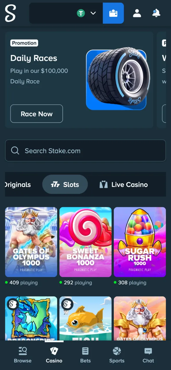 Locate Stake slot games via search or filters.