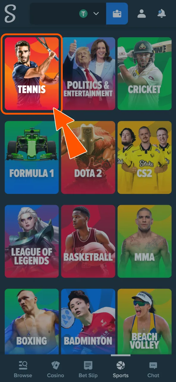 Access Stake Sports lobby to view Tennis events.
