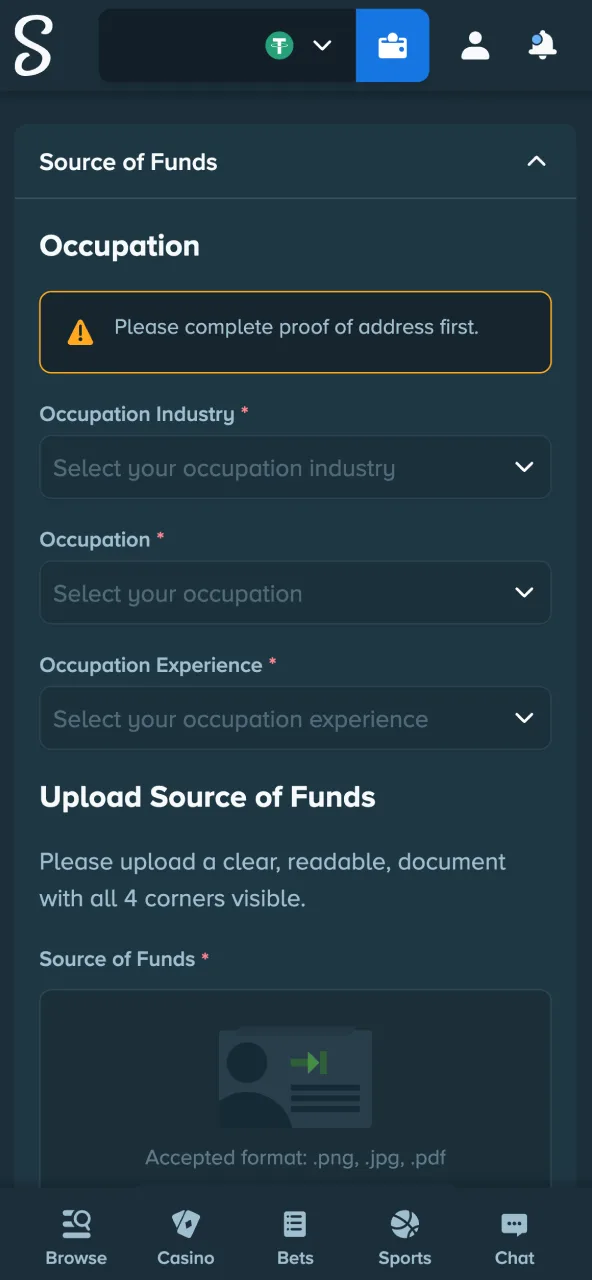 Stake platform identity check needs official document.